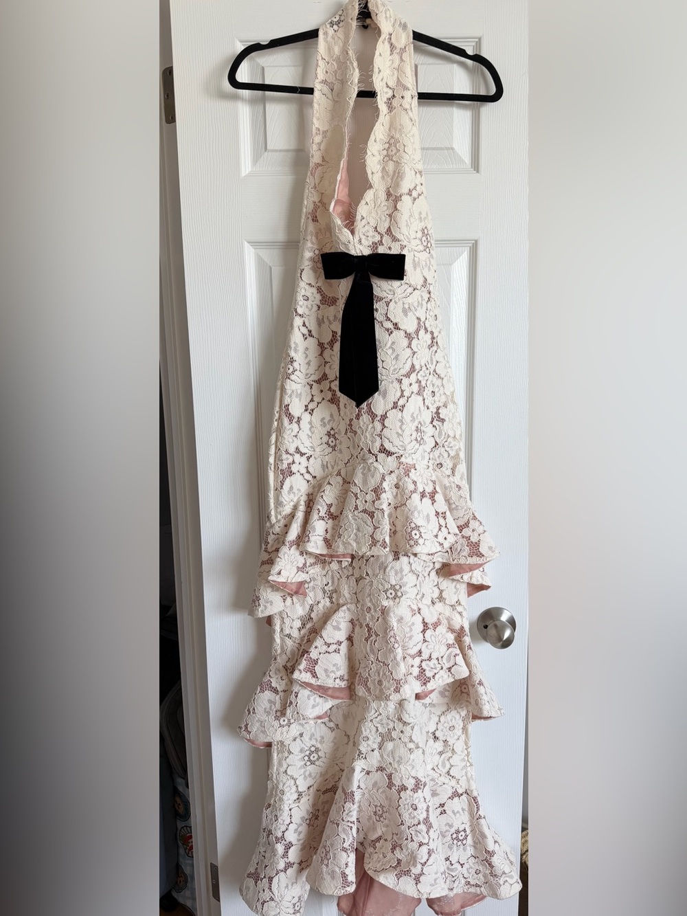 Retrofete Ivory Lace Halter High-Low Gown with Black Bow - Picture 4 of 4